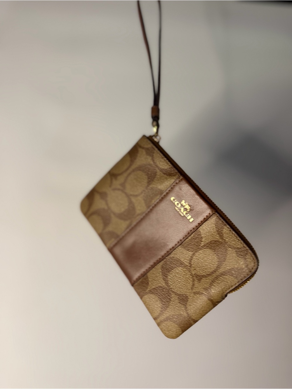 Coach Tan and Brown Signature Canvas Wristlet